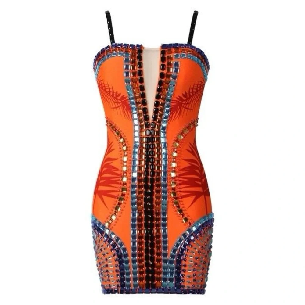 Hand Made Split Mesh Square Neck Crystal Embellished Dress - Picture 2 of 9